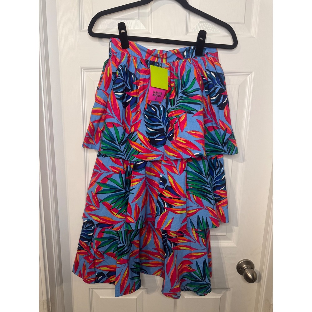 100% Cotton Tabitha Brown Tropical Floral Tiered Midi Skirt Blue Pink XXS NWT